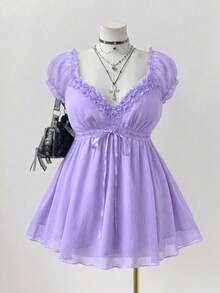 Sunspun 大码纯色荷叶边短袖衬衫 - 紫色 - 查看 1