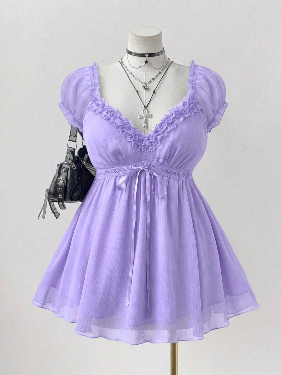 Sunspun 大码纯色荷叶边短袖衬衫 - 紫色 - 查看 1