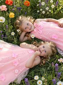 SHEIN Elladie kids Đầm bé gái ngọt ngào, mộng mơ, họa tiết hoa 3D lưới, cổ yếm, thanh lịch, độc đáo, phù hợp cho tiệc tùng, đi chơi và mặc hàng ngày. - Hồng - Xem 12