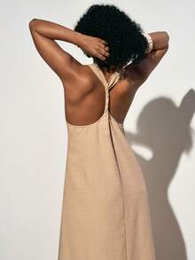 Zivah 2026 Spring & Summer New Music Festival, Easter, St. Patrick's Day, Valentine's Day, Date, Western, Nomadic, Birthday Party, Graduation, College, Student, Daily Wear, Basic Versatile, Casual, Vacation, Cruise Travel, Beach, Sunbathing, Viral , Streetwear, Wedding Guest, Boho, Commute, Brunch, Airport, Party, Holiday Outing, Office Wear Spaghetti Strap Twist Back A-Line Maxi Linen Dress In Apricot - Apricot - View 7