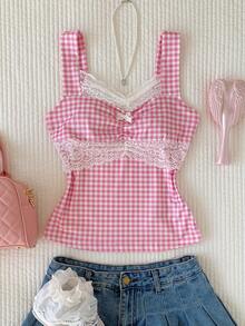 Comfortcana Women's Sweet Plaid Contrast Lace Ruched Bust Ruffle Hem Camisole Top, Summer For Women - Pink - View 3