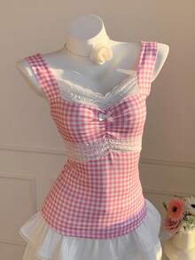 Comfortcana Women's Sweet Plaid Contrast Lace Ruched Bust Ruffle Hem Camisole Top, Summer For Women - Pink - View 8