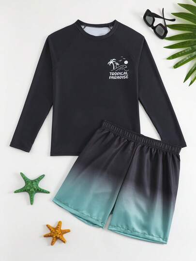 SHEIN Conjunto de traje de baño para adolescentes varones, traje de baño de manga larga con estampado de árbol de coco, shorts de playa de tela tejida, protección solar, adecuado para vacaciones y playa