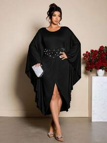 Cravure Elegant Plus Size Black Party Dress With Pearl Details Round Neck Batwing Long Sleeve Asymmetrical Hem Knee Length Bodycon Knitted Fabric - Black - View 8