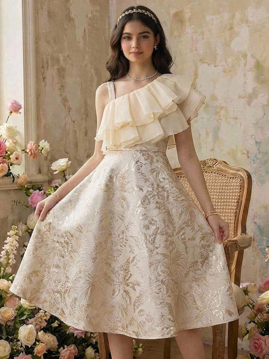 Pitira Đầm dài ngang gối màu mơ trơn, chất liệu organza pha trộn jacquard, nhiều lớp xếp nếp, cổ áo bất đối xứng, vai lệch, dành cho bé gái tuổi teen, thích hợp cho các buổi hẹn hò, tiệc tùng, ngày lễ, tiệc chiêu đãi, tiệc trưa, sinh nhật, năm mới, tựu trường, dạ hội, các buổi gặp mặt buổi tối, mùa cưới, hoặc làm phù dâu. - Màu be - Xem 1