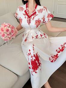 DAZY 女士优雅印花系带中长连衣裙，配西装领，夏季婚礼宾客礼服 - 紅色 - 查看 7