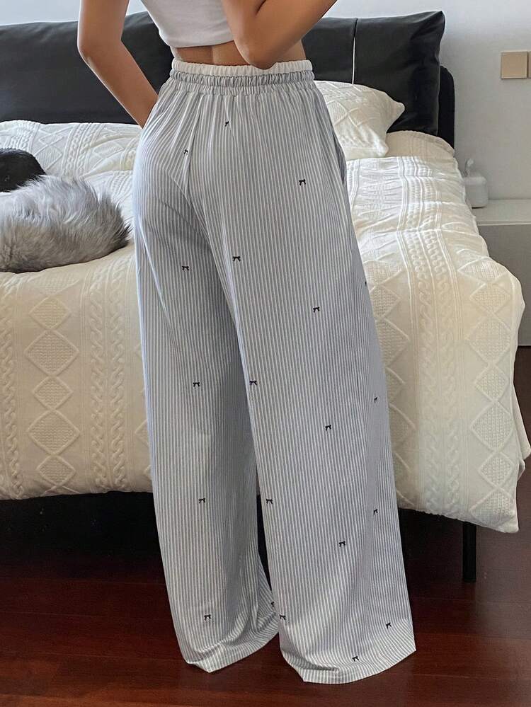Striped Bow Decor Loose Fit Women Pajama Bottoms
