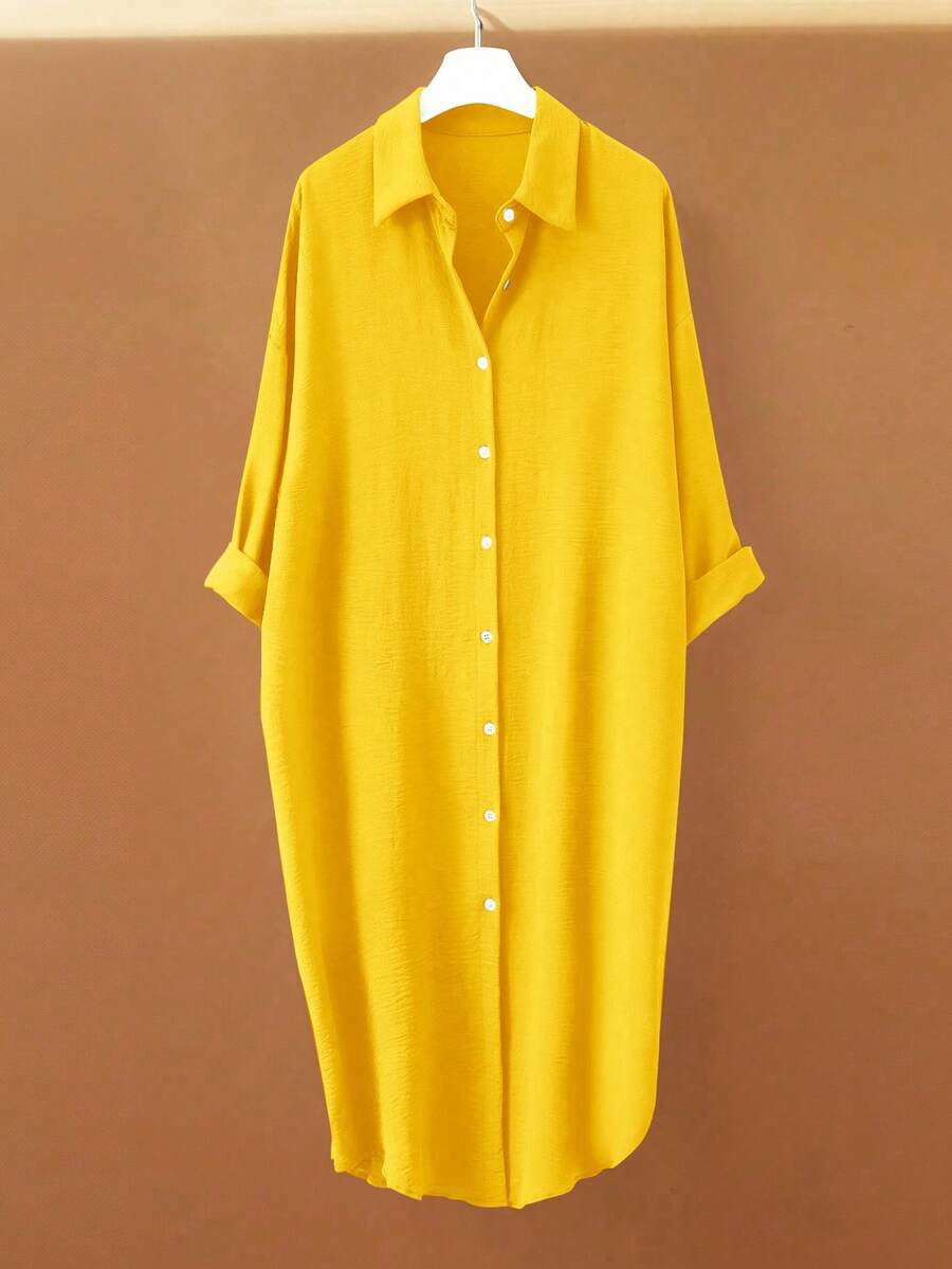 GlowEve Pleated Long Button Down Oversized Women Shirt - Yellow - View 1