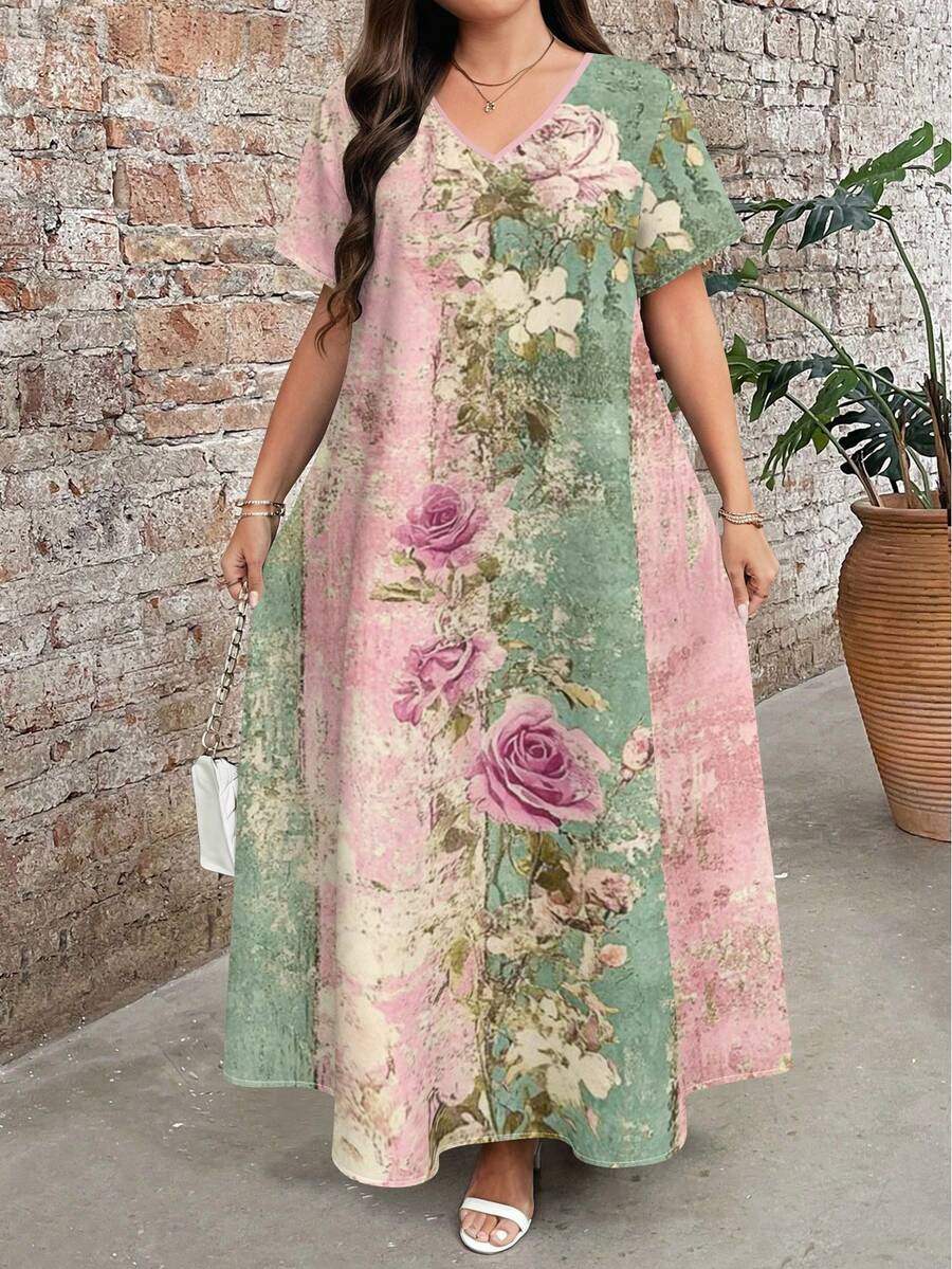 EMERY ROSE Plus Size Vintage Chic Rose Floral Kaftan Dress, Romantic Artistic Elegant Maxi Dress, Flattering Loose Fit Cruise Outfits, Garden Dress,Wedding Guest Gown, Boho Summer Vacation Printed Dress, Floral Dresses For Women,Women's Maxi Dress - Multicolor - View 1