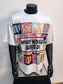 SHEIN Y2K Street Style Short-Sleeved T-Shirt, "What Will Jesus Do?" Print T-Shirt, Fashionable Hip-Hop Men's Vest, Fun Retro Vest, Regular Fit, Street Style, Digital Print, Ideal Gift. - Multicolor - View 3