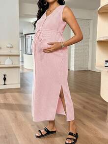 SHEIN Maternity V-Neck Sleeveless Plaid Slit Casual Summer Dress - Pink - View 4