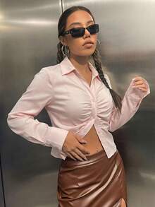 SHEIN EZwear Áo sơ mi nữ dài tay xếp ly màu trơn, đa năng, phù hợp mặc thường ngày và công sở, mùa xuân/thu. - Màu Hồng  San hô - Xem 5