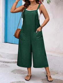 Linhara CURVE 大码抽绳口袋装饰直筒连体裤 - 墨綠色 - 查看 3