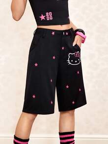 HELLO KITTY AND FRIENDS | SHEIN 女士休闲字母刺绣猫咪印花短裤，夏季 - 紫紅色 - 查看 6