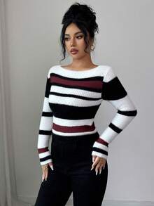 SHEIN Elenzya 优雅多色露肩长袖女士时尚修身针织套头毛衣，适合通勤、秋冬季穿着 - 酒紅色 - 查看 5