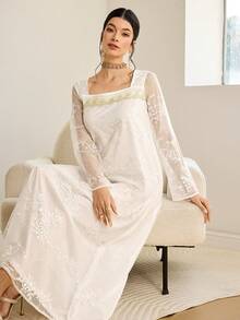 Al Najma 女士优雅方领长袖阿拉伯风格连衣裙 - 粉色 - 查看 6