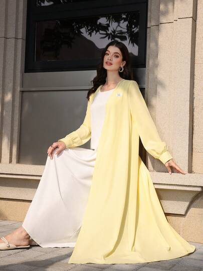 Graceveil Women's Elegant Fashion Leather Label Yellow Arabic Abaya