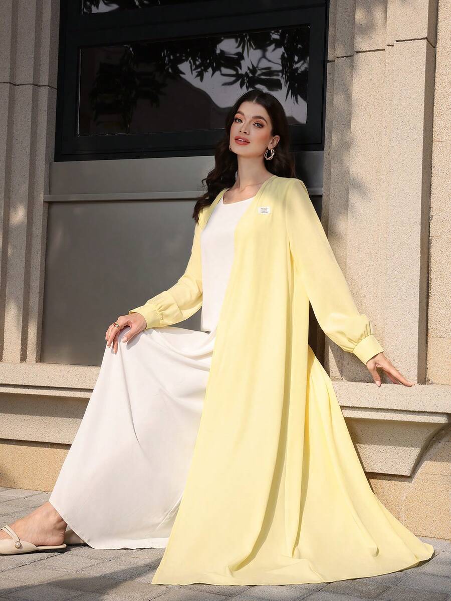 Graceveil Women's Elegant Fashion Leather Label Yellow Arabic Abaya - Yellow - View 1