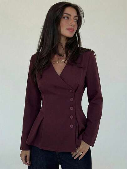 Aloruh Burgundy V-Neck Asymmetrical Spring New Long Sleeve Suit Angora Red Commuter Jacket