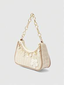 ROMWE Fairycore Bộ túi xách và phụ kiện đi biển đan móc họa tiết hoa, túi đeo chéo nữ kiểu khu nghỉ dưỡng biển sành điệu, cá tính, họa tiết vỏ sò và ren. - Hoa ngọc trai ren - Xem 2