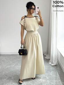 Siren Gaze Summer Outfits For Women Women's Contrast Trim Knot Pocket Casual Long Dress - Apricot - View 6