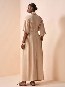 Zivah 2025春季新款卡其色梭织面料交叉裹身七分袖口袋长裙 - 卡其色 - 查看 3