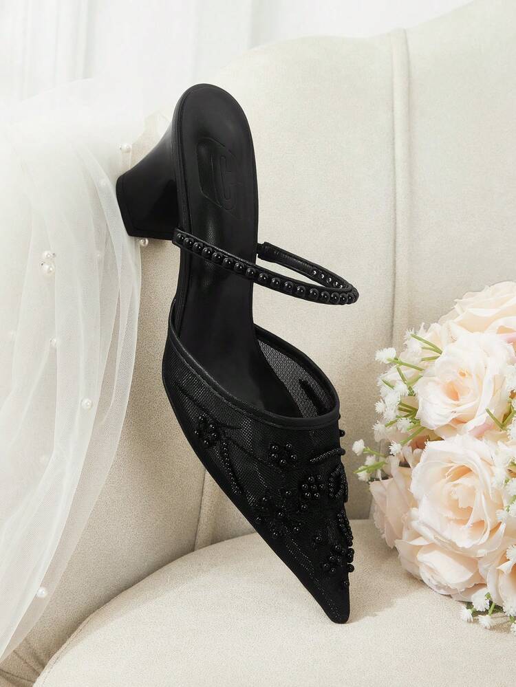 CUCCOO HITCHD Women Shoes Spring Summer Pearl Decorative Pointed Coarse Heel Mesh Solid Color Women's High Heel Shoes Daily Dating Commuter Holiday Party Shoes