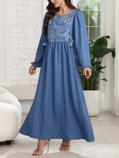 Al Najma Casual Loose Flared Long Sleeve Solid Color Printed Arabic Style Dress For Women