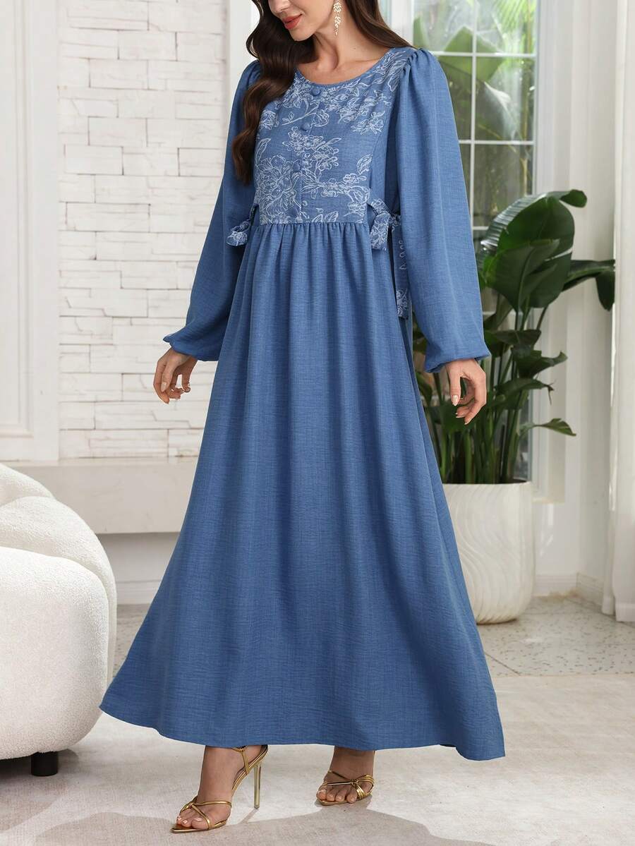 Al Najma Vestido estilo árabe de manga larga, suelto y acampanado, de unicolor y estampado, para mujer - Azul - Ver 1