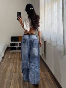 StreetHx 女士宽松蓝色牛仔裤，带口袋，时尚夏季款 - 藍色 - 查看 6