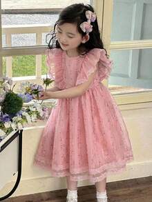 Young Girl Round Neck Mesh Floral Casual Loose Halter Dress - Pink - View 1
