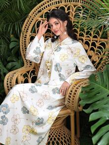 Al Najma Women's Elegant Arabic Style Floral Print Long Sleeve Tie-Waist Dress, Apricot Color, Spring/Summer - Apricot - View 3