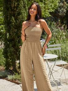 KARISMINA 女士休闲无肩带连体裤，宽松版型，适合日常、度假和旅行 - 杏色 - 查看 3