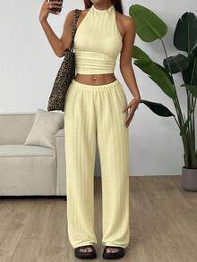 Muchica Women's Casual Knit Halter Neck Top And Pants Set, Light Yellow, Summer - Light Yellow - View 7