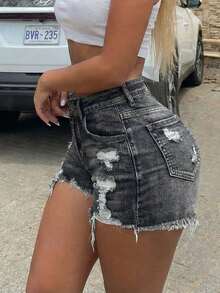 SHEIN ICON 女士高腰带口袋破洞毛边休闲牛仔短裤 - 深色水洗藍 - 查看 3