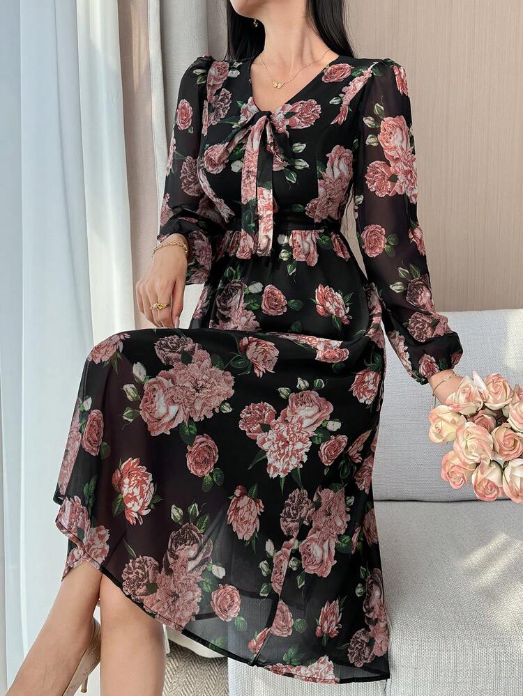 Women's V-Neck Floral Print Tie Waist Maxi Dress, Elegant Resort Style Sundress Boho