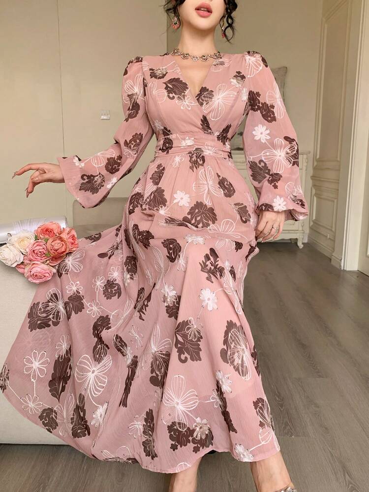 Women's V-Neck Cinched Waist Floral Embroidered Long Sleeve Dress Sundress