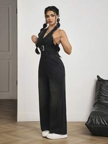 SHEIN PETITE Women's Frayed Hem Eyelet Buckle Halter Wide Leg Denim Jumpsuit - Black - View 6