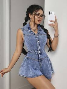 SHEIN PETITE Women's Casual Collared Button Romper For Vacation And Daily Wear - Blue - View 4