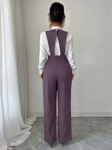 Elenzga Bộ jumpsuit nữ không tay, cổ chữ V, màu trơn, kiểu dáng thường ngày, thanh lịch, ống rộng. - Màu tím - Xem 2