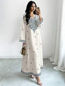 SHEIN Najma 腰果花印花V领长袖连衣裙，优雅的春夏女士长裙，阿拉伯风情 - 彩色 - 查看 3