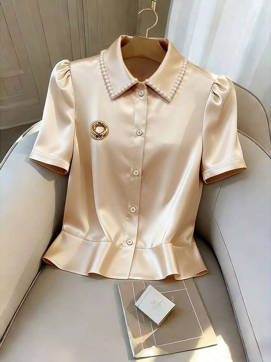 Franclia Women's Elegant Champagne Gold Satin Blouse,Faux Pearl Collar,Metal Buttons,Puff Short Sleeve,Waist Cinched Office Work Shirt,Summer Holiday Top - Apricot - View 1