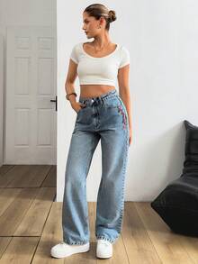 SHEIN 100% Cotton Women's Denim Pants With Embroidery Detailed - Medium Wash - View 3