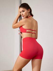 Menodora SHEIN Sport Mneodora Women's Solid Color Pleated Halter Top And High Waist Shorts 2in1 Set,Red Sports Bra&Shorts Pole Dance Outfit,Casual Daily Workout Underwear - Hot Pink - View 2