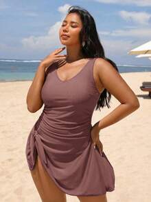 Swim Lushoire Baju Renang One-Piece Ukuran Plus Terbaru 2026, Warna Cokelat Elegan, Desain Melangsingkan dan Menawan, Cocok untuk Liburan di Pantai dan Resor - Coklat - View 4