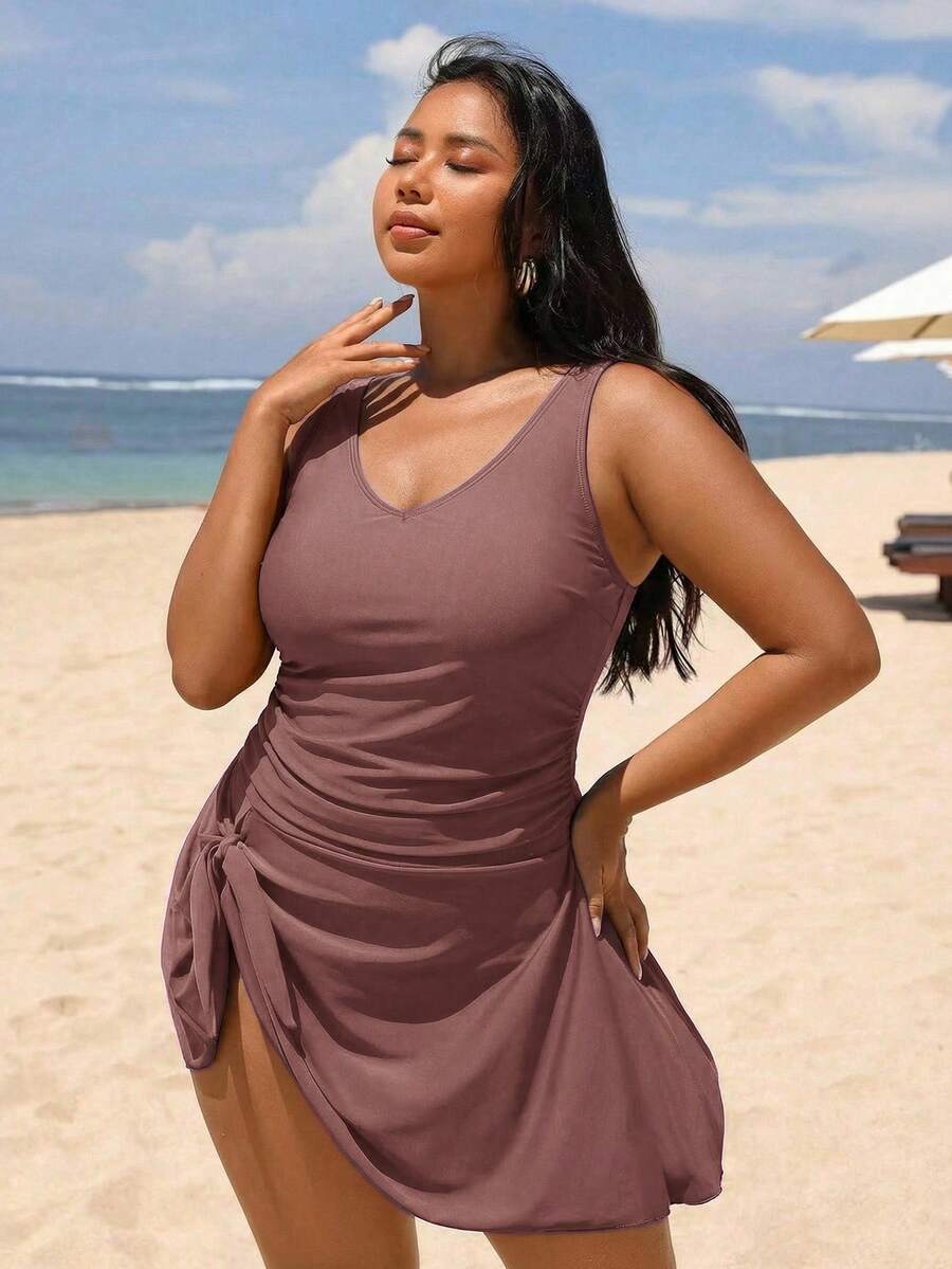Swim Lushoire 2026 New Plus Size One-Piece Swimsuit, Elegant Brown Color, Slimming And Flattering Design, Suitable For Beach And Resort Vacation - Brown - View 1