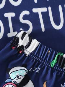 Minimalist Navy Blue Casual Vacation Pajama Set, Panda Print Crew Neck Top And Shorts 2 Pieces Loungewear Set - Violet Purple - View 7