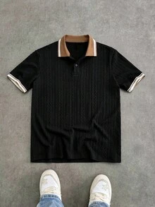 Manfinity Unisex Men's Casual Business Daily Commute Textured Fabric Contrast Striped Trim Short Sleeve Polo Shirt, Summer - Black - View 7