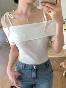FRIFUL Áo thun nữ màu trơn, dây mảnh, trễ vai, chất liệu gân, phong cách tối giản, thích hợp cho mùa hè. - trắng - Xem 6