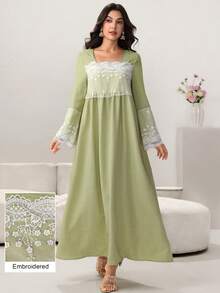 Yasmyna 优雅的牛油果绿女式连衣裙，蕾丝边饰，喇叭裙摆，长袖 - 綠色 - 查看 12